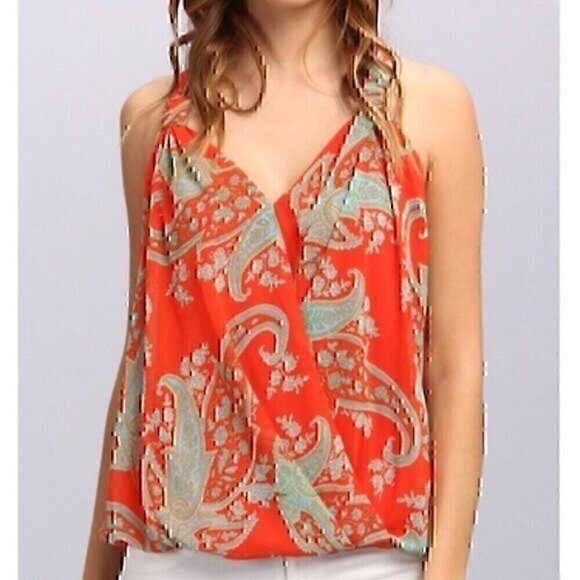 KUT FROM THE KLOTH Orange Blue Paisley Surplice Faux Wrap Sleeveless Tank Blouse - Picture 1 of 12